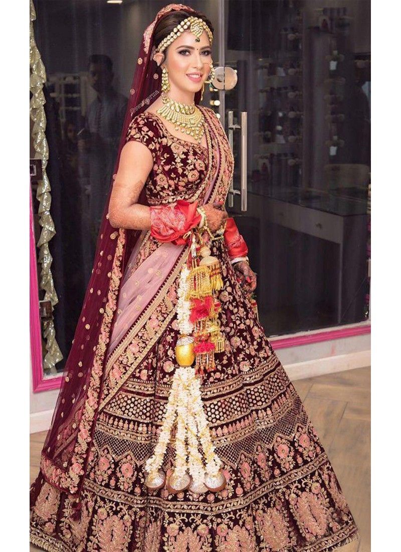 Maroon Wedding Lehenga Choli with Heavy Embroidery With Hand Work Velvet -  LC4353